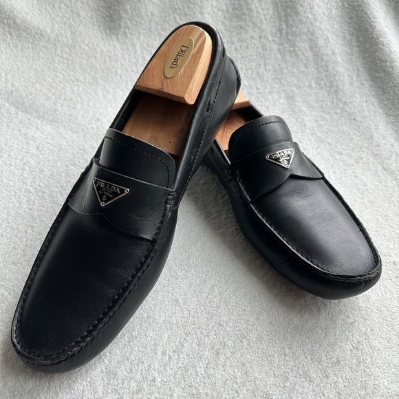 Men’s Prada Triangle Logo Slip On Loafers black leather Sz 10 US 11 - Italy made - Picture 3 of 12
